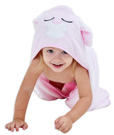 HipHop Panda hooded towel with bear ears, pink rabbit close-up, comforting newborn after baths.