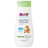 HiPP Baby Shampoo almond oil bottle demonstrates gentle cleansing for delicate hair.