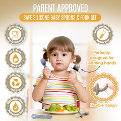 HippoBaby infant pre-stage spoon with guard shown for gentle gum contact.