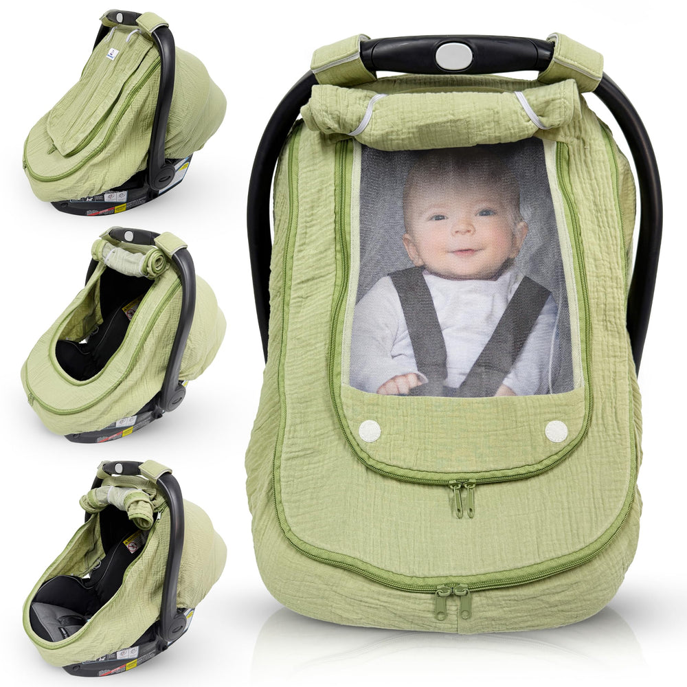 HippoBaby car seat cover breathable muslin shields baby from sun and wind with air flow.