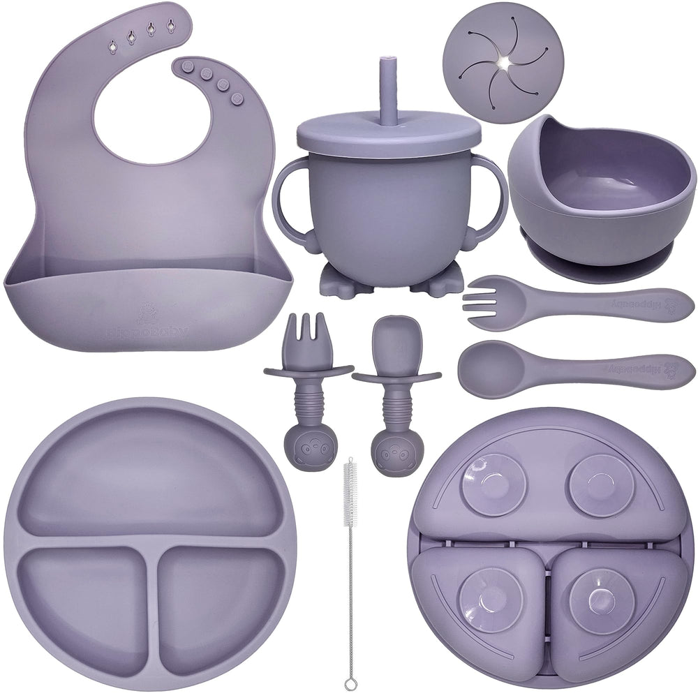 HippoBaby lavender plate with dividers supports self-feeding and organized meals.