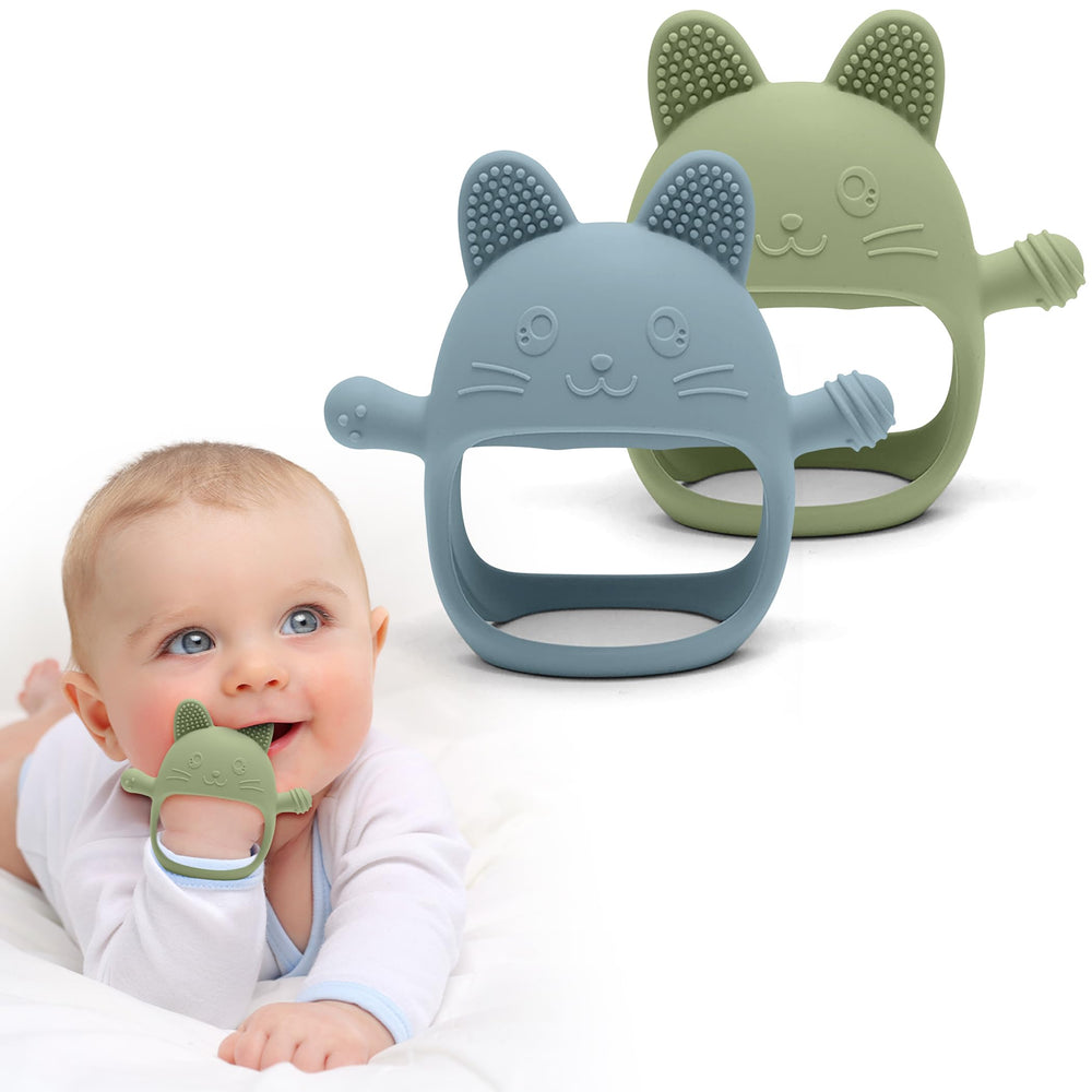 HippoBaby Rabbit Hand Guard Teether blue closeup shows gentle gum relief for infants