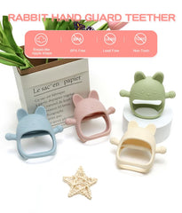 HippoBaby Rabbit Hand Guard Teether green closeup demonstrates soothing textures