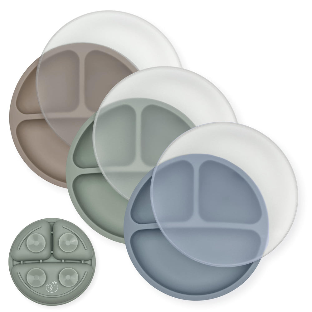 Hippypotamus toddler plates suction set in Fog Sage Taupe prevents spills during meals.