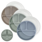 Hippypotamus toddler plates suction set in Fog Sage Taupe prevents spills during meals.