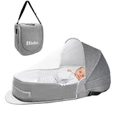 Hishe baby travel bassinet folded into a compact backpack for easy portability.