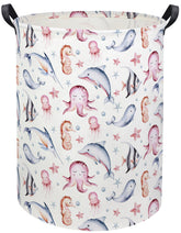HIYAGON baby laundry basket with dinosaur pattern in pink ocean keeps nursery toys organized.