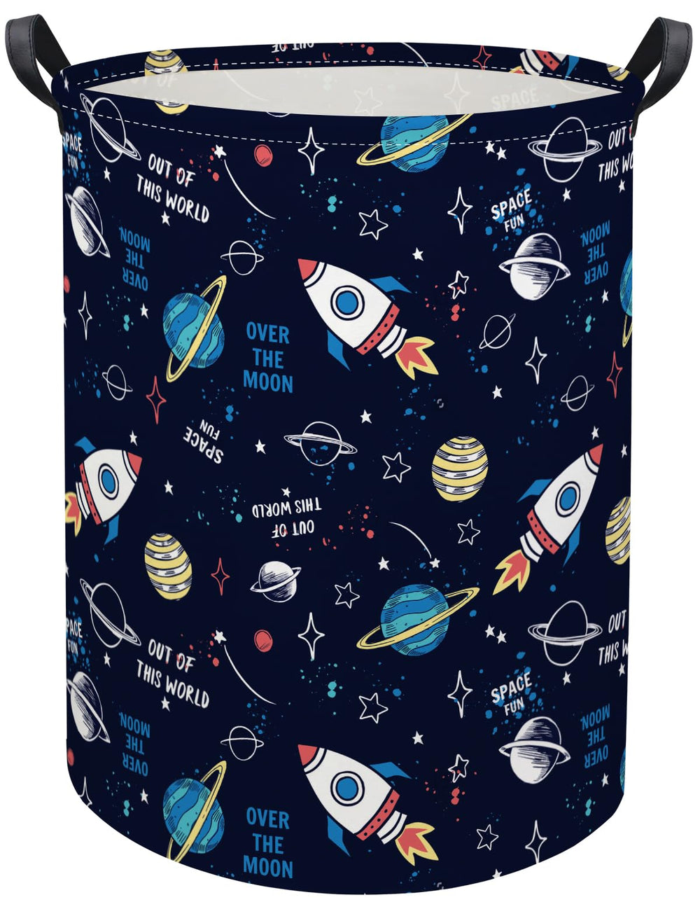 HIYAGON kids laundry basket with rocket planet design, spacious toy and clothing storage for nursery.