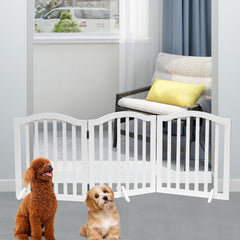 HJAYUXYO foldable wooden dog gate folded 3-panel for compact storage.