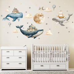 HJKlove Under The Sea whales wall decal with watercolor whales for calming nursery decor.