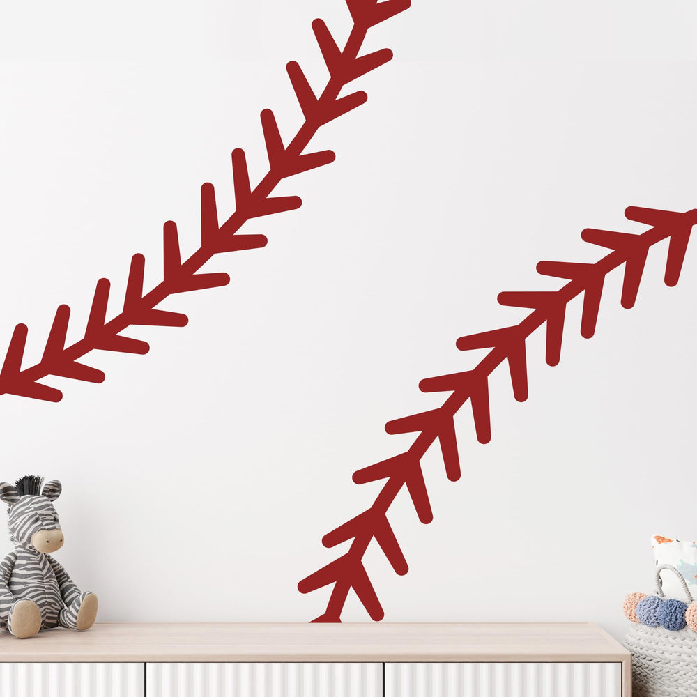HJKlove baseball stitch wall decal in full-room setup creates sporty teenage bedroom ambiance.