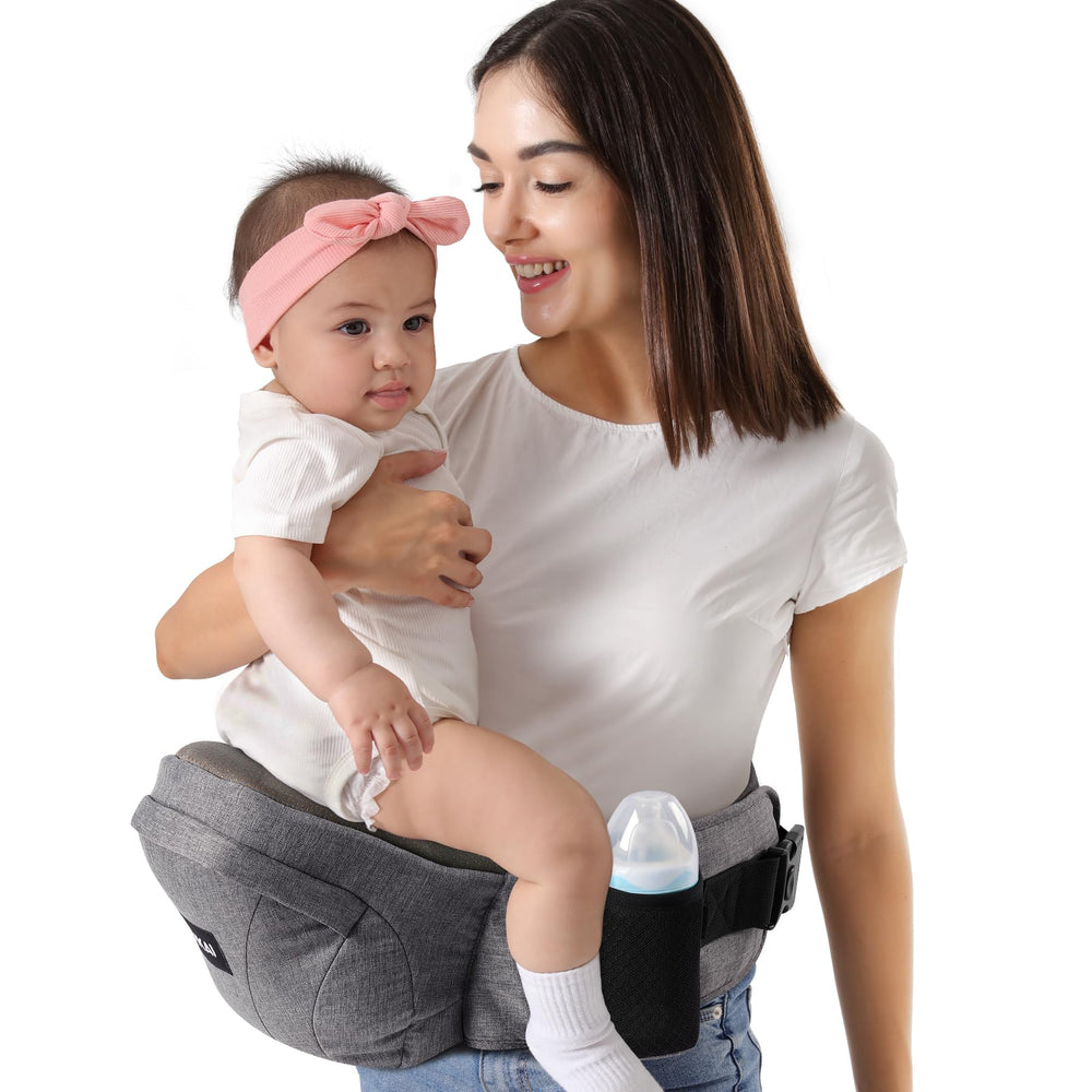 HKAI baby hip carrier front view with ergonomic M-position for comfortable hands-free strolling