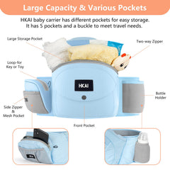 HKAI hip-seat closeup highlights ergonomic M-position for baby comfort