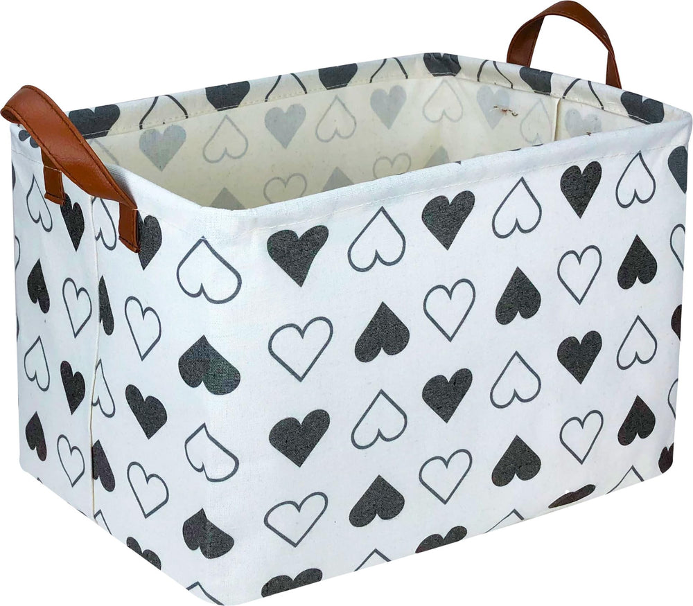 HKEC rectangle black heart basket front view showing stylish storage for toys or books