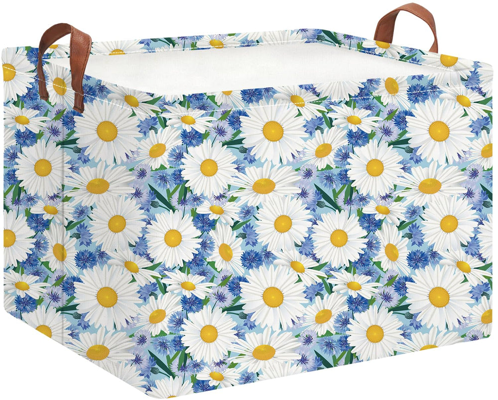HKEC rectangle storage basket with blue daisy front view for toy organization and easy transport.