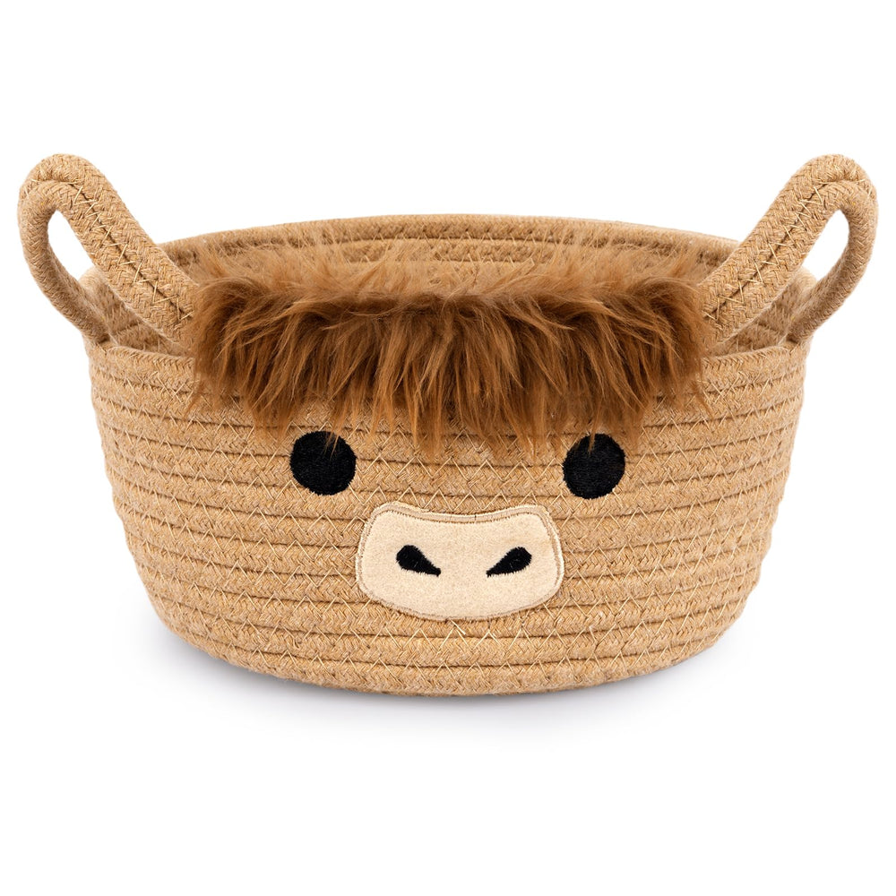 Hkojewp Highland Cow Basket front view—soft cotton and cute design for nursery storage.
