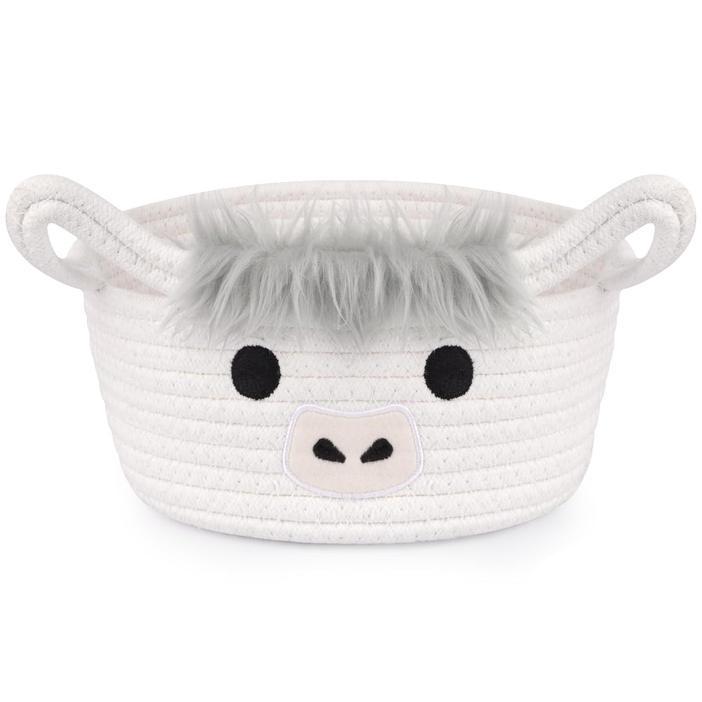 Hkojewp Highland Cow Basket on shelf for neat nursery organization.