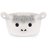 Hkojewp Highland Cow Basket on shelf for neat nursery organization.