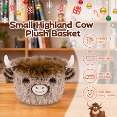 Hkojewp Highland Cow Plush Basket embroidery details showcase cute craftsmanship.