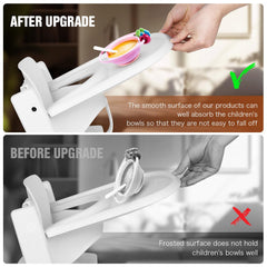 HLVEIN Tripp Trapp Tray demonstrates strong suction securing bowls on white surface.