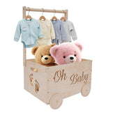 HMAZAE baby gift basket in a wood crate with handles and wheels for easy gifting.