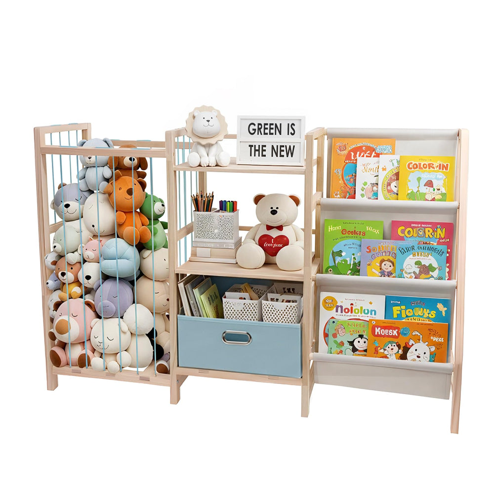 HMAZAE stuffed animal storage bookshelf assembly demonstrates space-saving setup for tidy play areas