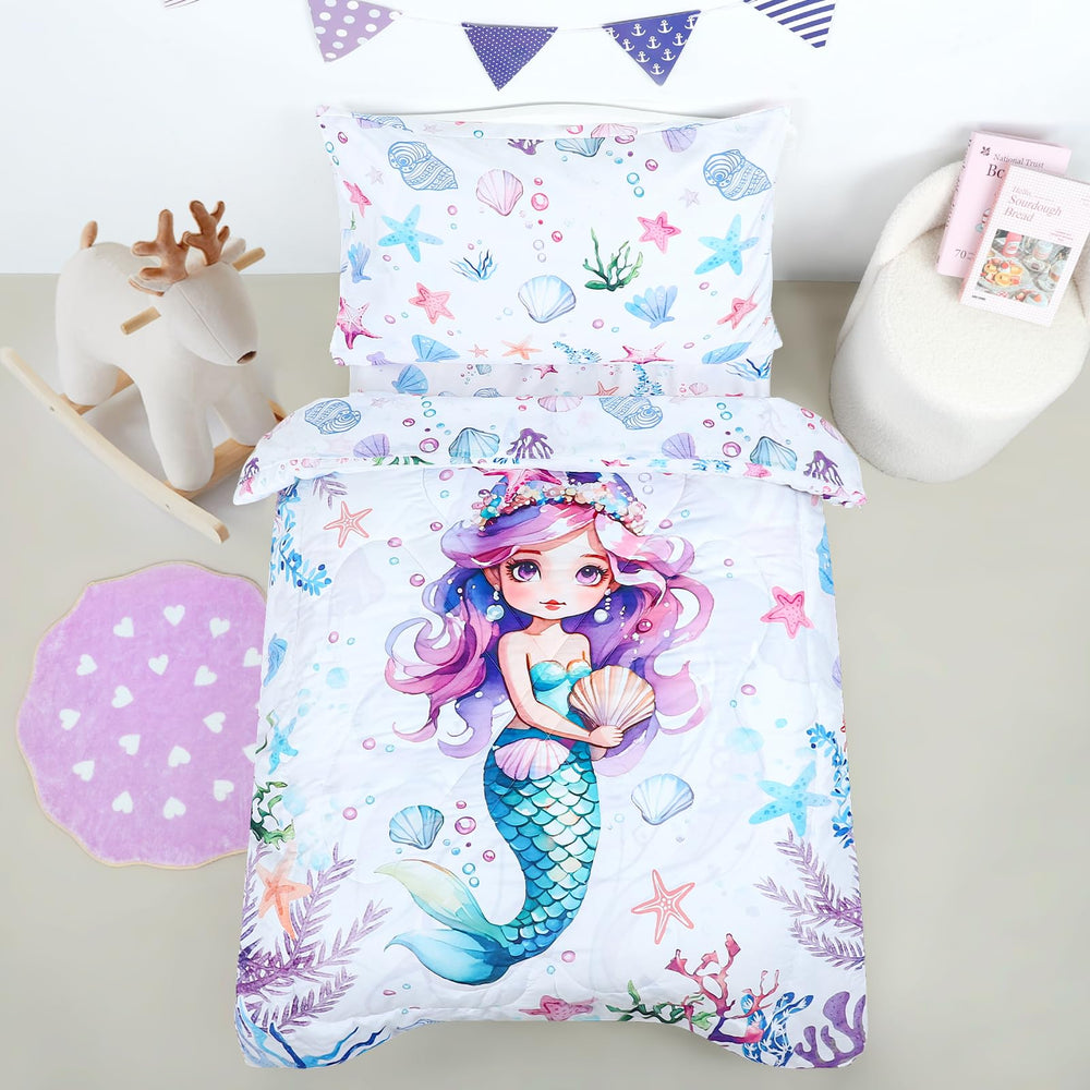 HNHUAMING toddler mermaid comforter close-up shows soft microfiber for cozy naps.