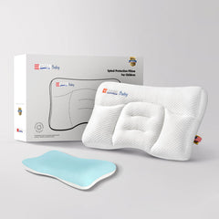 HOAGBaby toddler pillow blue side closeup highlights breathable, cooling fabric for comfortable sleep.