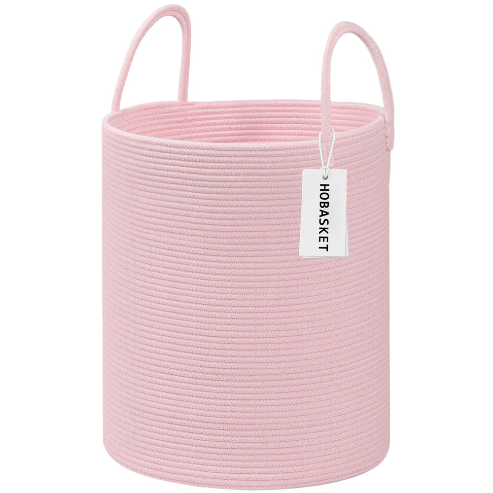 HOBASKET cotton rope laundry basket pink front view for easy laundry organization