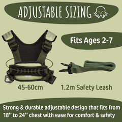 Hobble De Hoo harness green adjustable straps for growing toddlers and kids.