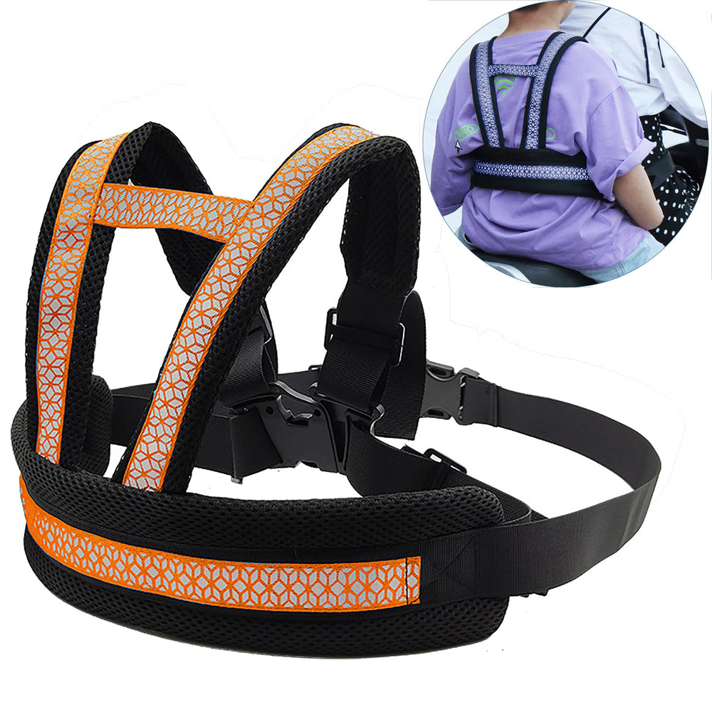 Holiberty child motorcycle harness assembly demonstrates secure attachment for safe family rides.