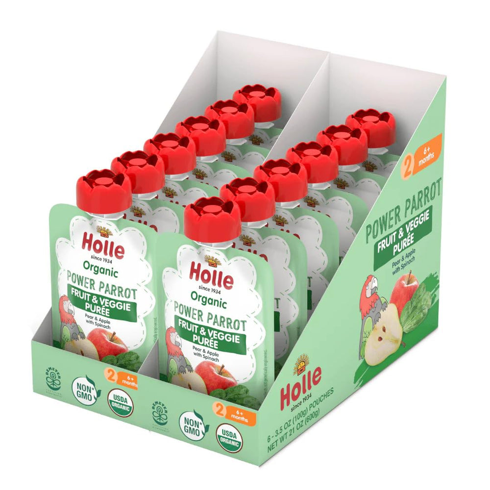 Holle Power Parrot puree pouch showing pear, apple and spinach for early weaning