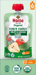 Holle Power Parrot baby puree pouch with pear, apple and spinach for gentle weaning.