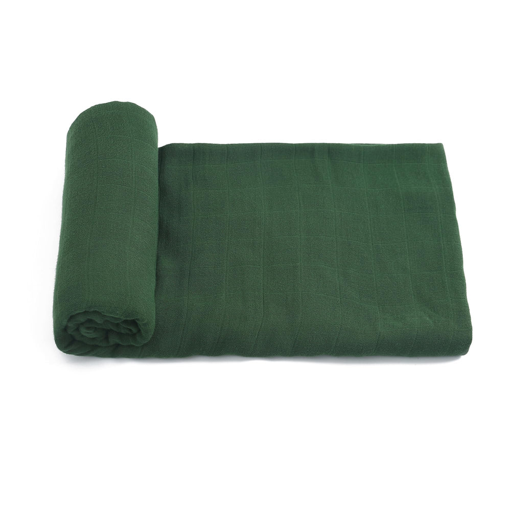 Hollyoo muslin swaddle blanket green flatlay showcasing silky-soft bamboo viscose for newborn comfort