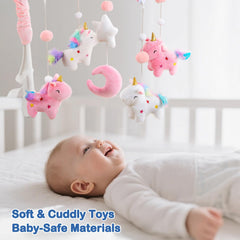 HOLYFUN unicorn crib mobile shows 360-degree rotation to support visual tracking.