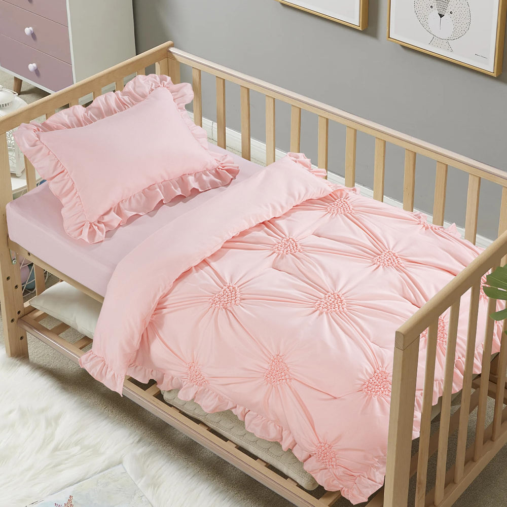 HOMBYS 3-piece crib set pink with pintuck and ruffles for nursery charm