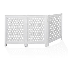 Homebia Designs wooden pet gate front view in extended position for wide openings.