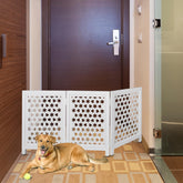 Homebia Designs decorative wooden pet gate side view for doorways and stairs.