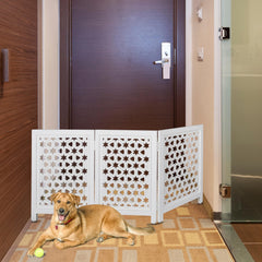Homebia Designs decorative wooden pet gate side view for doorways and stairs.