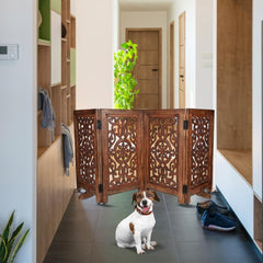 Homebia Designs decorative wooden pet gate folded-storage, easy to tuck away when not in use.
