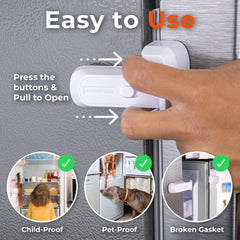 HomeBrella fridge lock adhesive-pad closeup shows strong no-drill mounting
