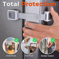 HomeBrella fridge latch with side buttons unlocks easily, convenient for frequent access.