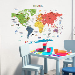 HomeEvolution world map decals animals and flags highlight wildlife and cultures, removable for learning spaces.