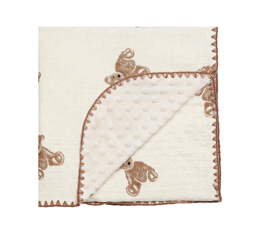 HomeyHues baby blanket close-up shows brown bear pattern and soft, breathable texture for cozy naps.
