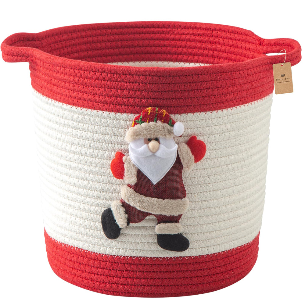 HomeyPine Christmas basket with Santa doll showing festive storage for toys and gifts.