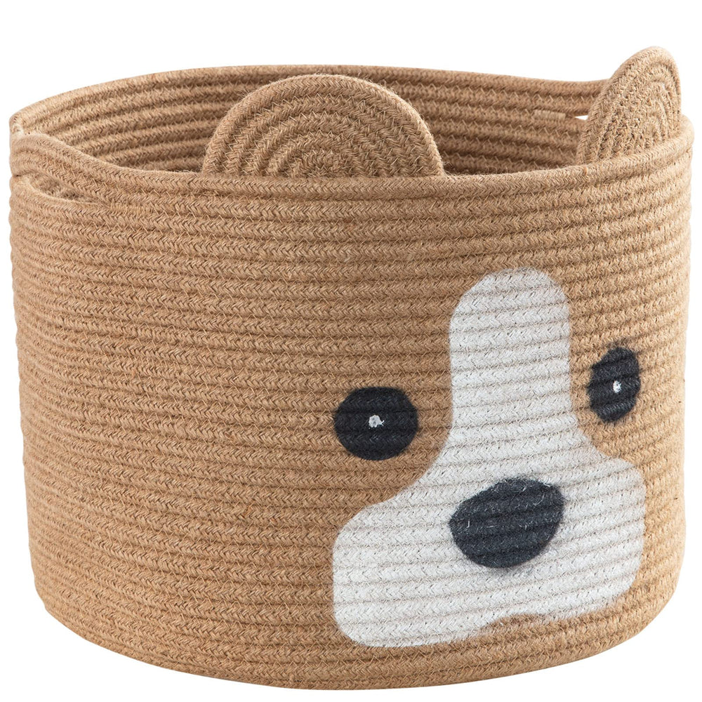 HomeyPine dog-shaped basket overview shows versatile cotton rope storage for toys and towels