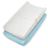 Homiest changing pad cover White + Light Blue close-up shows ultra-soft Minky Dot texture for baby comfort.