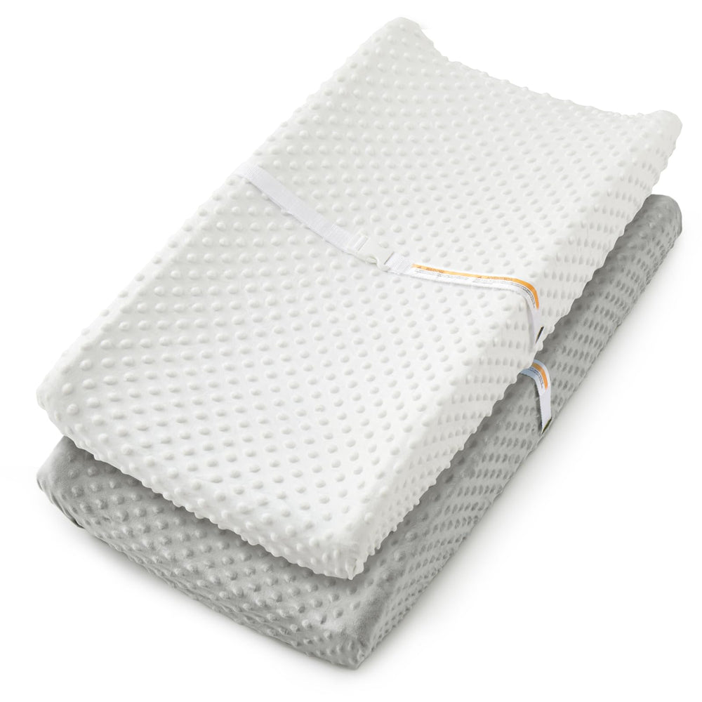 Homiest changing pad cover white-pink offers cloud-soft Minky Dot comfort for gentle diaper changes.