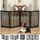 Homykic four-panel bamboo dog gate provides wide containment for pets.