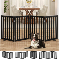 Homykic four-panel bamboo dog gate provides wide containment for pets.